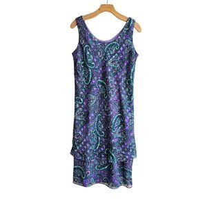Vintage Patra Purple & Teal Paisley Sleeveless Tiered Dress,  Size 14, USA Made